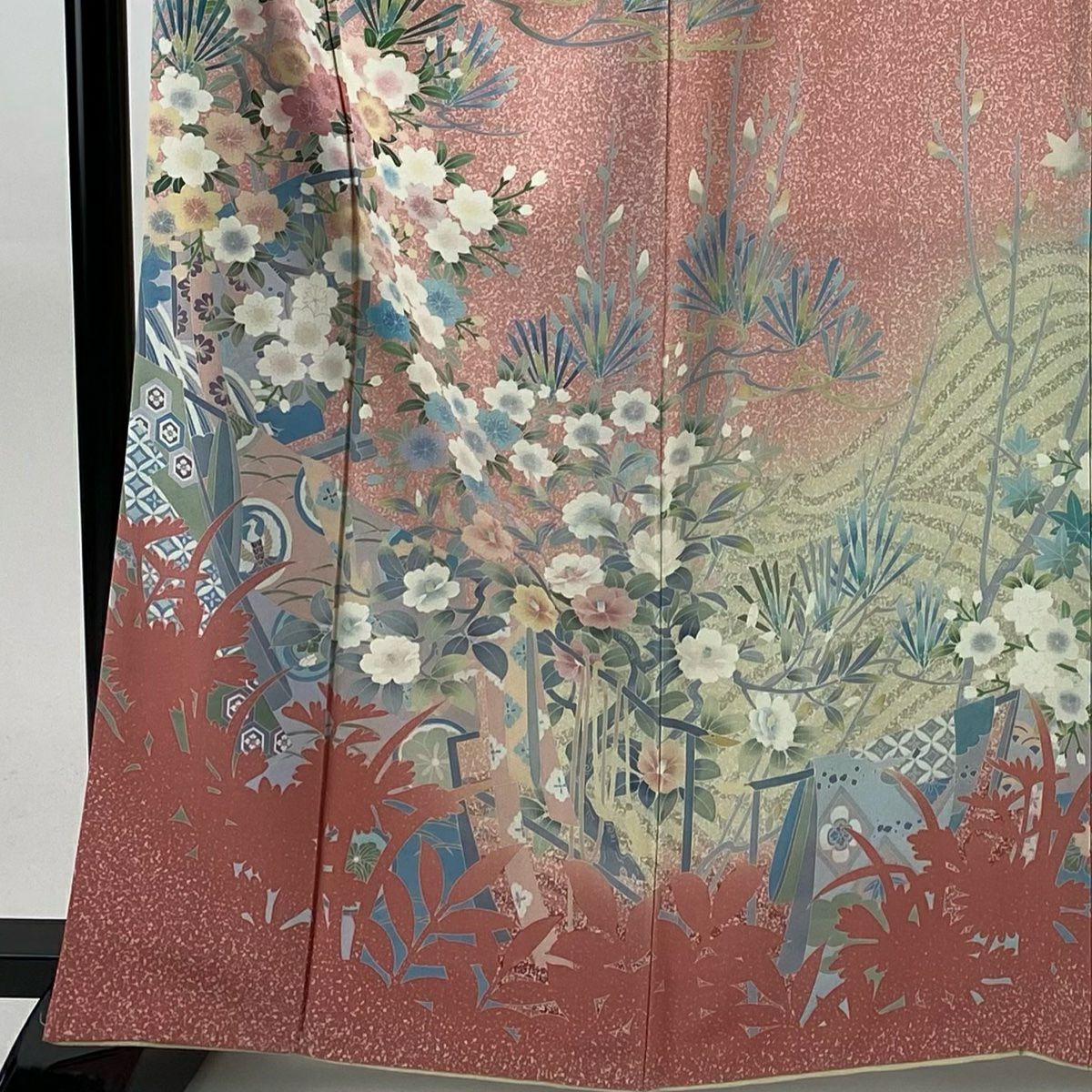 【美品】訪問服 身長161.5cm 袖長65cm M 雙層 落款あり 櫻花 若松樹 漸層 粉紅 純蠶絲 名品級