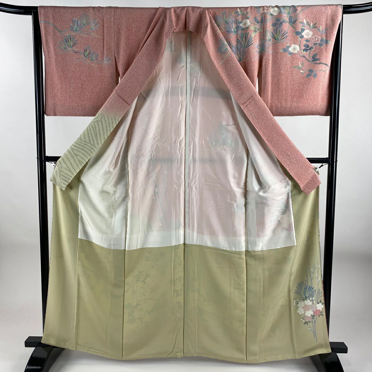 【美品】訪問服 身長161.5cm 袖長65cm M 雙層 落款あり 櫻花 若松樹 漸層 粉紅 純蠶絲 名品級