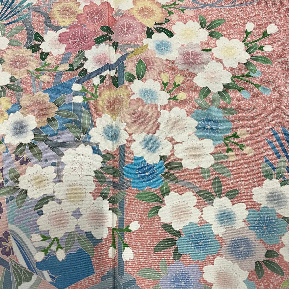 【美品】訪問服 身長161.5cm 袖長65cm M 雙層 落款あり 櫻花 若松樹 漸層 粉紅 純蠶絲 名品級