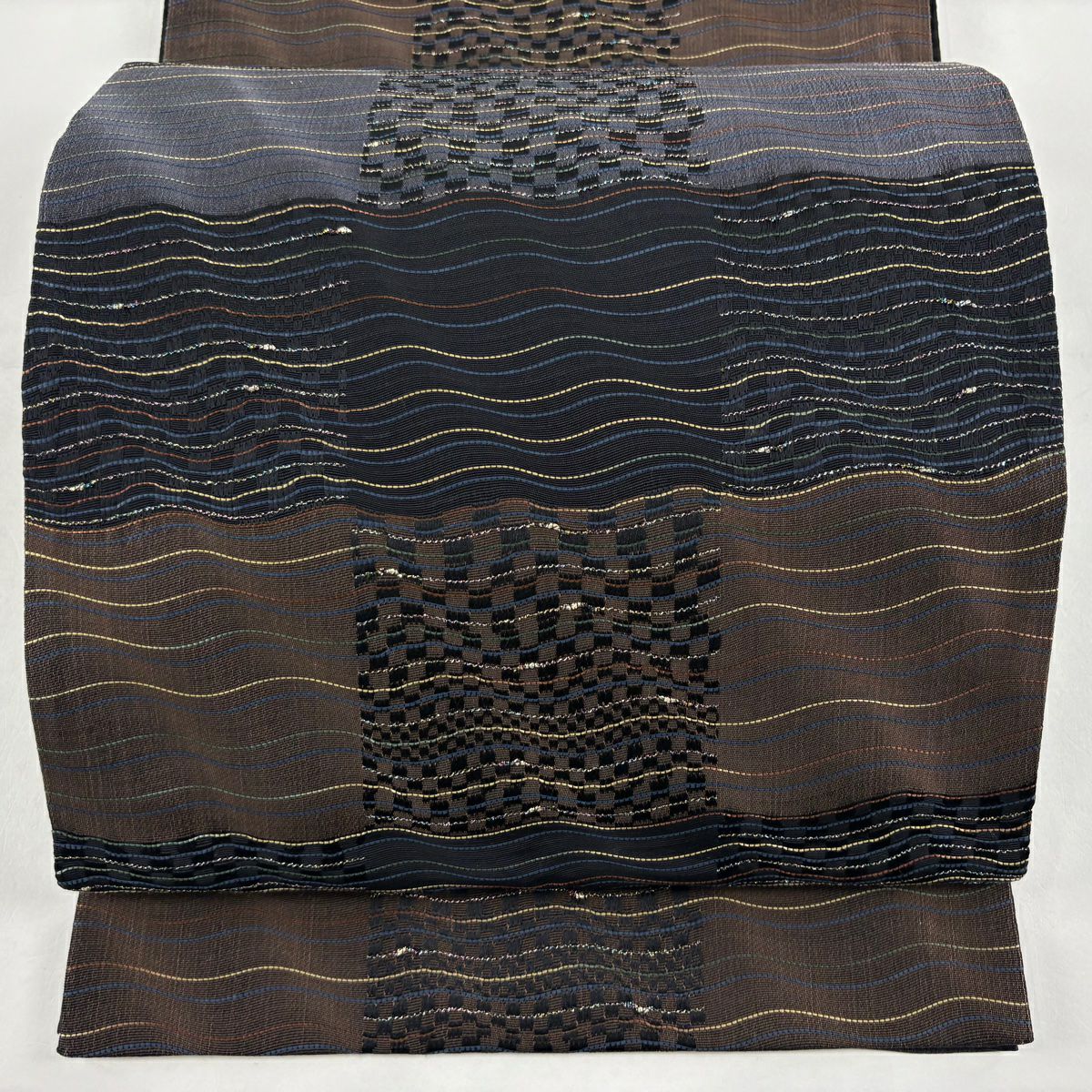 【美品】 袋帶 名品級 斜條紋 變化市松樹 金絲 茶紫 六通 純蠶絲