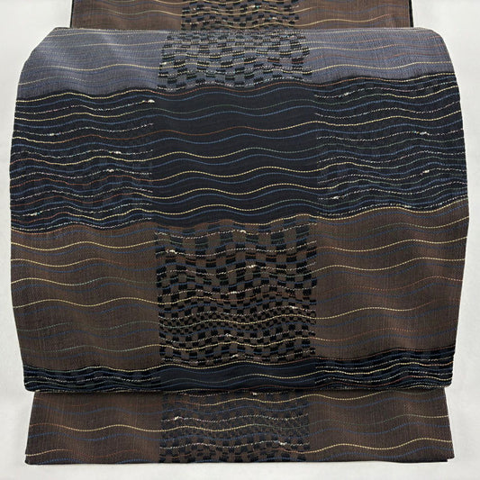 【美品】 袋帶 名品級 斜條紋 變化市松樹 金絲 茶紫 六通 純蠶絲