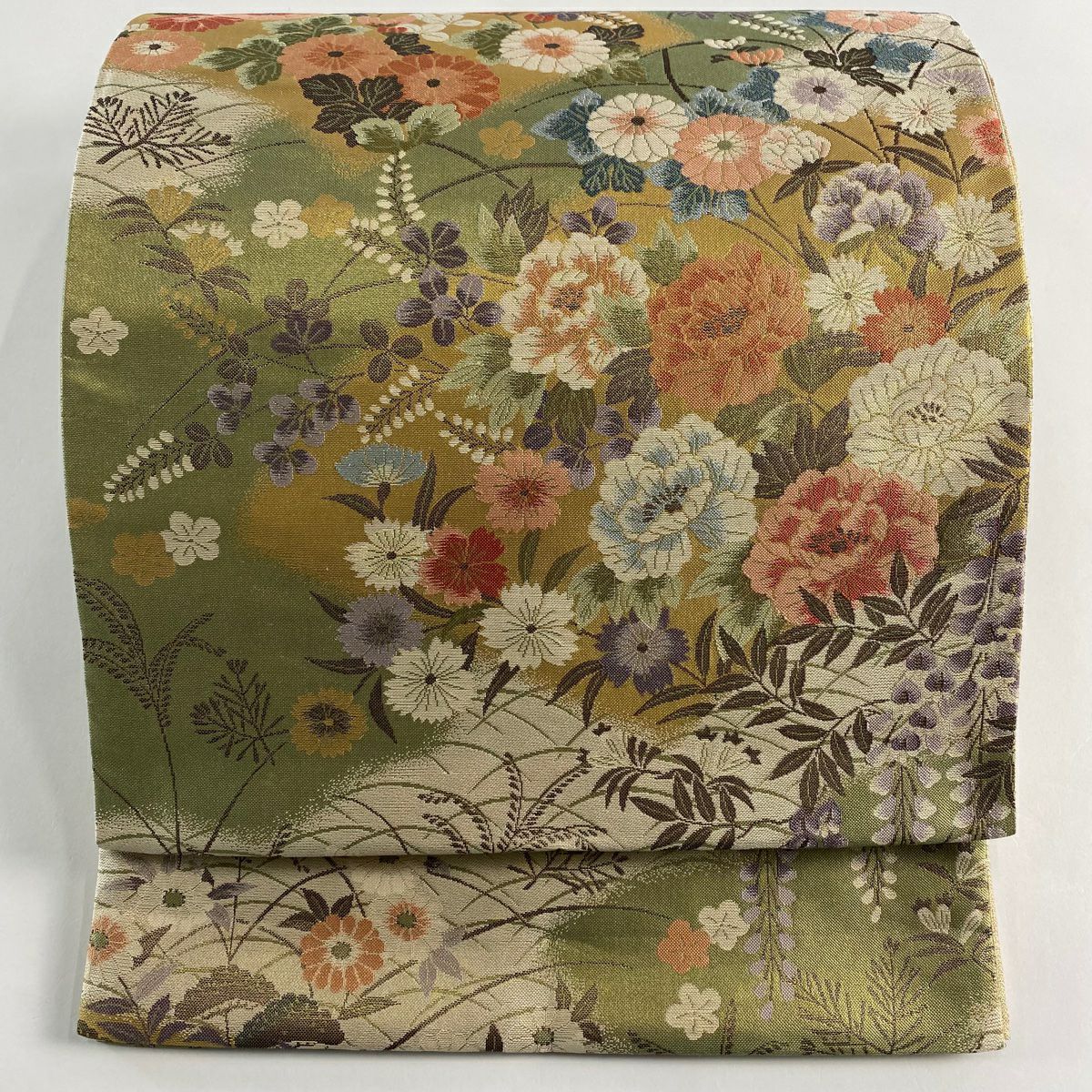 【美品】 袋帶 秀品級 扇子面 草花紋紋 金金箔 淺綠 六通 純蠶絲