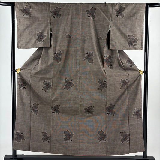 紬織 身長157cm 袖長63.5cm S 雙層 花 焦茶 純蠶絲 秀品級