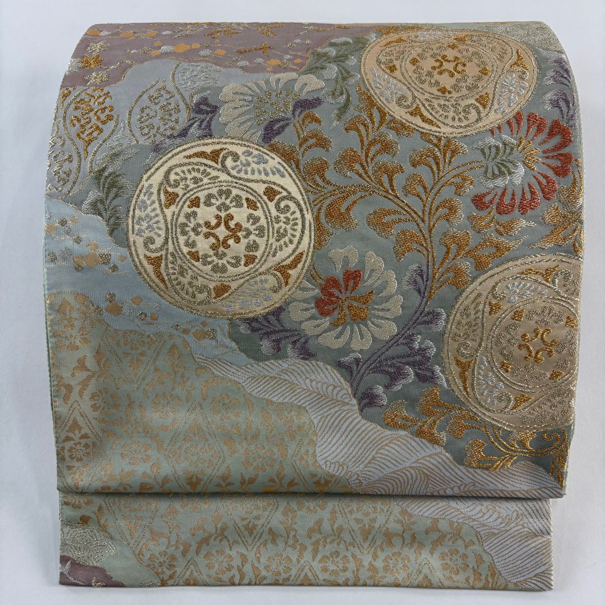 【美品】 袋帶 秀品級 草花紋紋 花菱 金銀彩 金金箔 淺綠 六通 純蠶絲