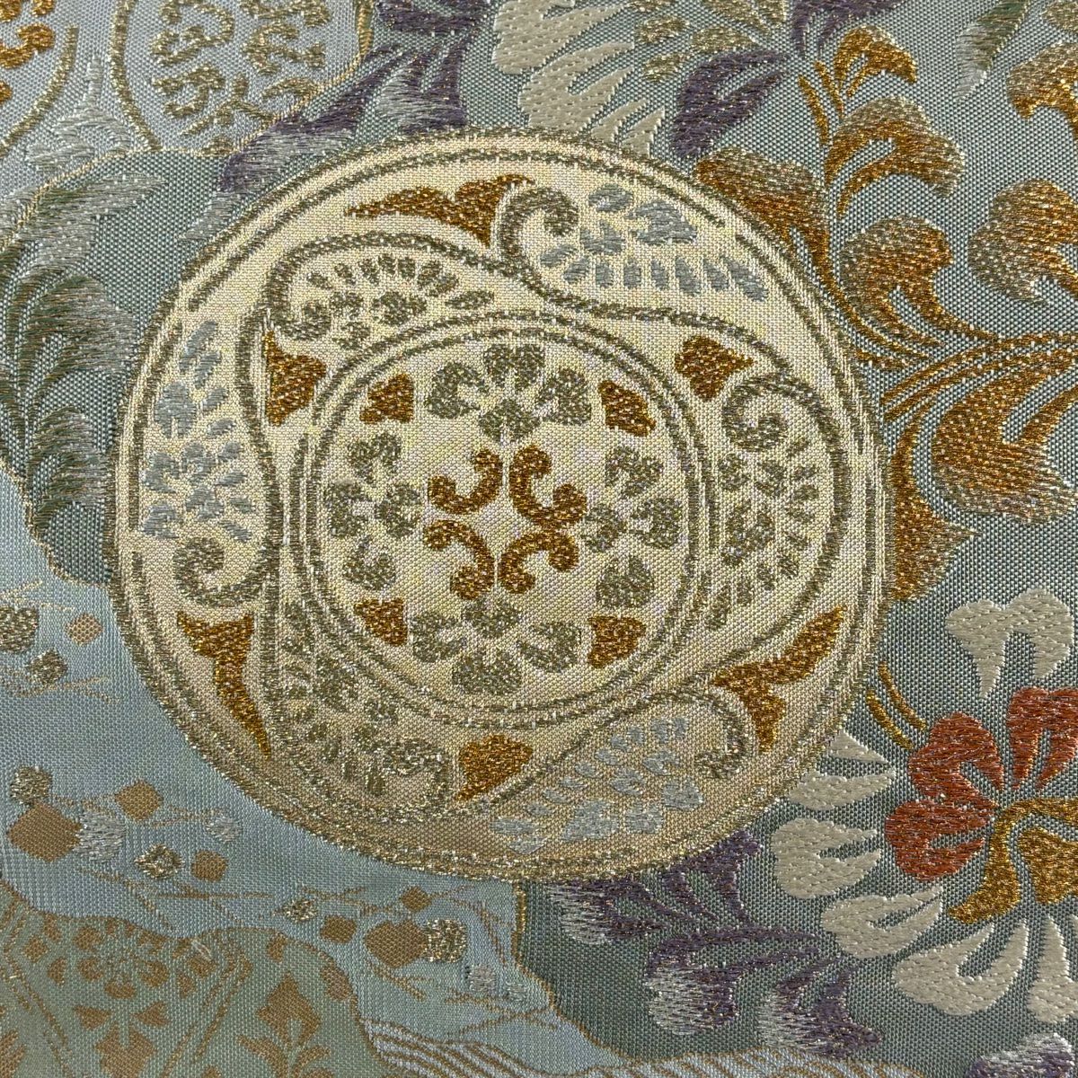 【美品】 袋帶 秀品級 草花紋紋 花菱 金銀彩 金金箔 淺綠 六通 純蠶絲