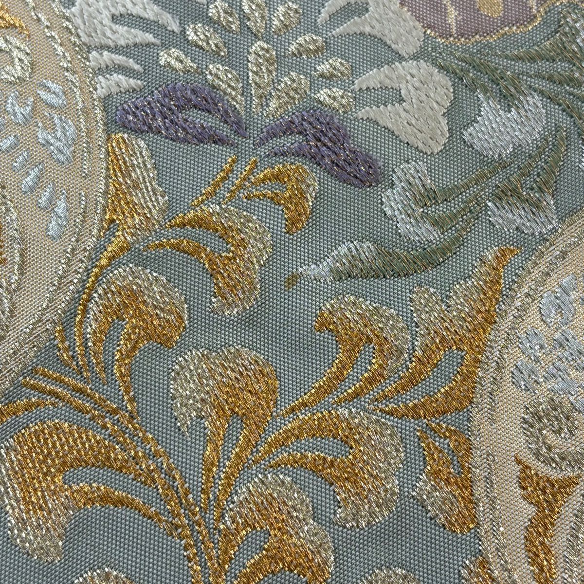 【美品】 袋帶 秀品級 草花紋紋 花菱 金銀彩 金金箔 淺綠 六通 純蠶絲