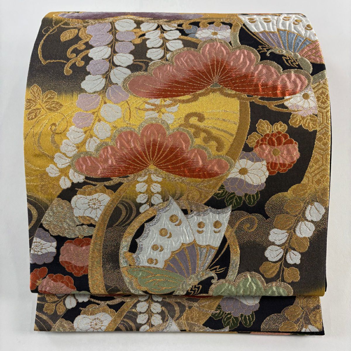 【美品】 袋帶 秀品級 蝶 松樹 金銀彩 金金箔 黑 六通 純蠶絲