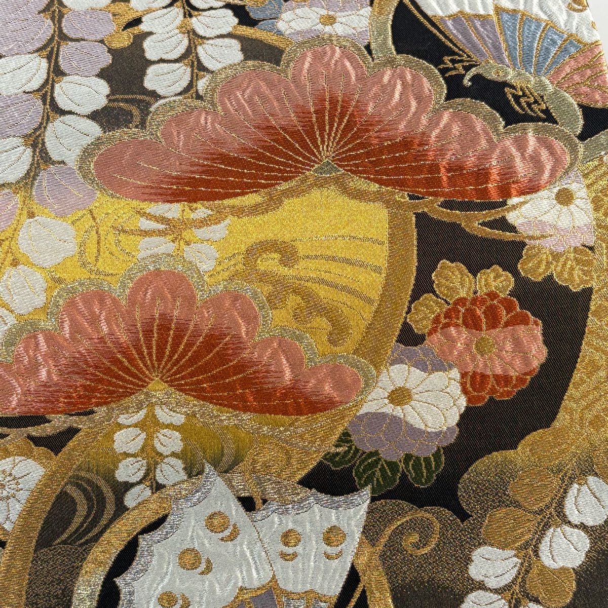 【美品】 袋帶 秀品級 蝶 松樹 金銀彩 金金箔 黑 六通 純蠶絲