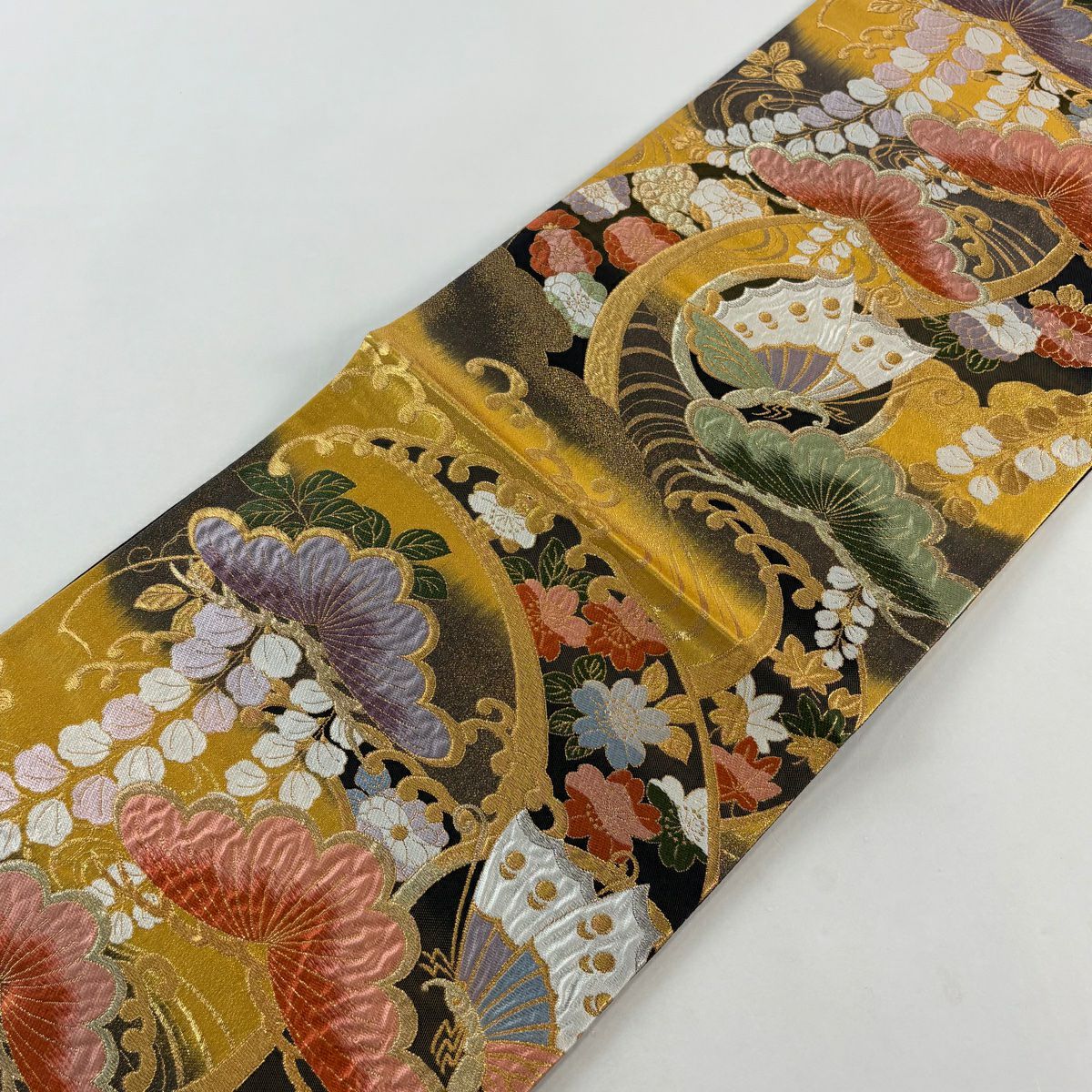 【美品】 袋帶 秀品級 蝶 松樹 金銀彩 金金箔 黑 六通 純蠶絲