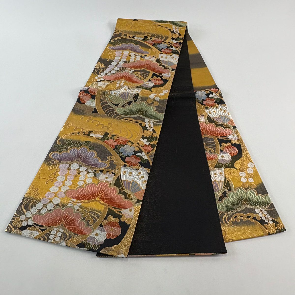 【美品】 袋帶 秀品級 蝶 松樹 金銀彩 金金箔 黑 六通 純蠶絲