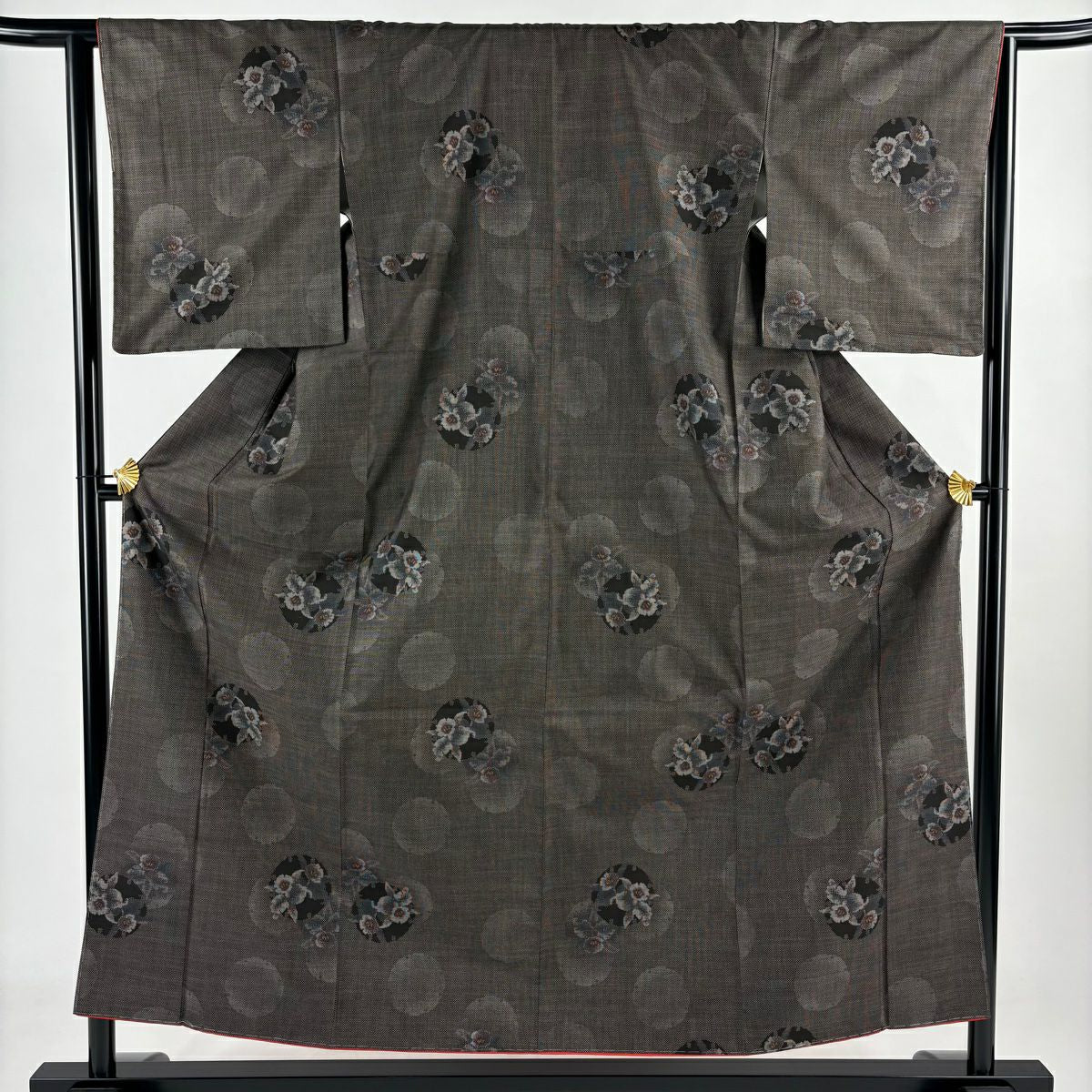 【美品】 紬織織 身長155cm 袖長64cm M 雙層 雪輪 草花紋紋 焦茶 純蠶絲 秀品級