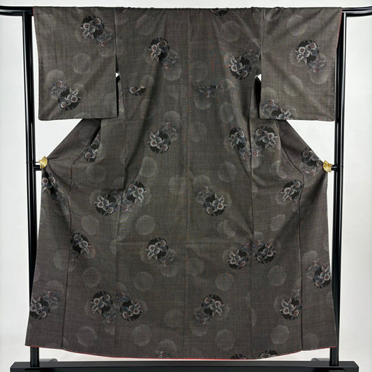 【美品】 紬織織 身長155cm 袖長64cm M 雙層 雪輪 草花紋紋 焦茶 純蠶絲 秀品級