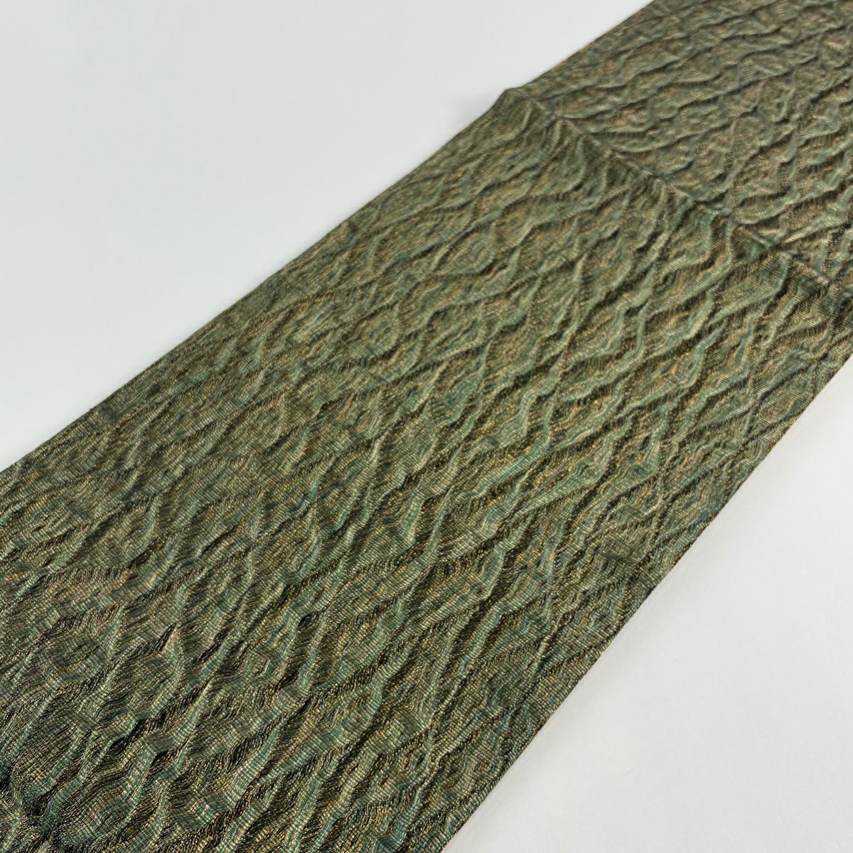 【美品】 袋帶 秀品級 波頭 金糸 綠色 お太鼓圖案 純蠶絲