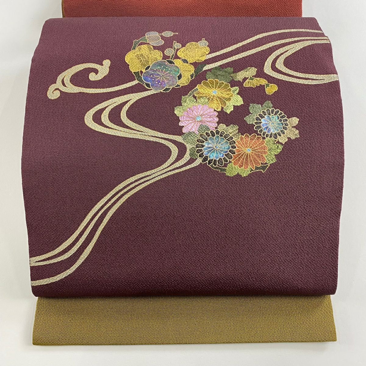 【美品】 袋帶 名品級 梅花 菊花 金銀彩 螺鈿 紫色 大鼓圖案 純蠶絲
