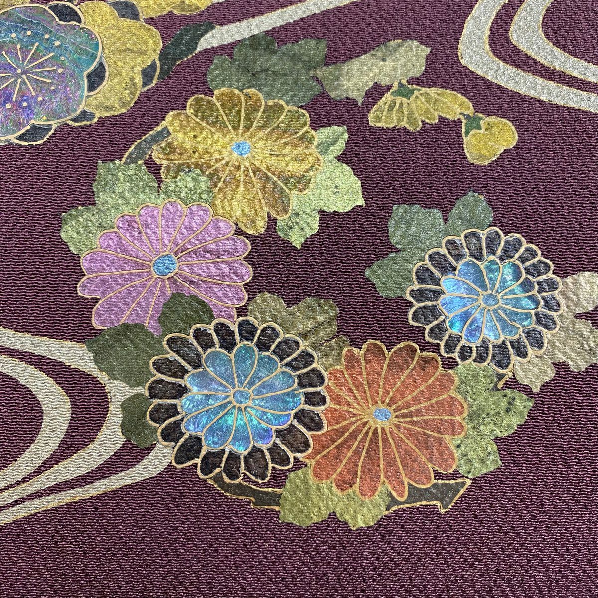 【美品】 袋帶 名品級 梅花 菊花 金銀彩 螺鈿 紫色 大鼓圖案 純蠶絲