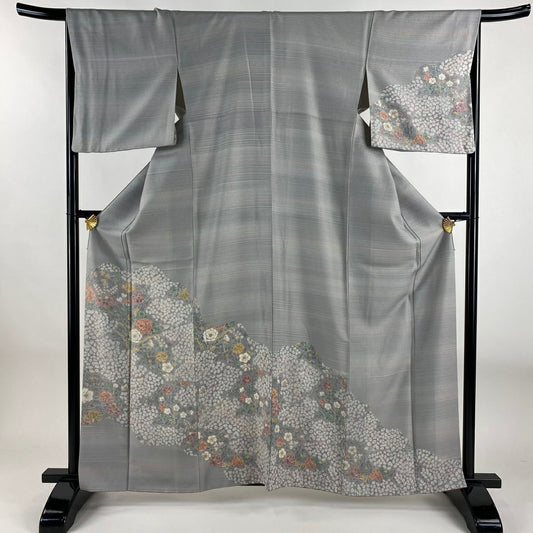 【美品】訪問服 身長160.5cm 袖長66cm M 雙層 草花紋紋 雲文 銀通し 灰色 純蠶絲 名品級