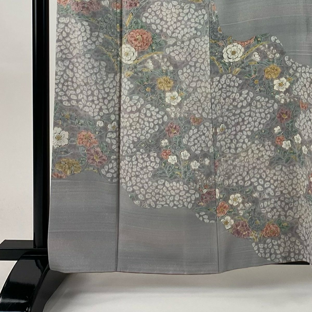 【美品】訪問服 身長160.5cm 袖長66cm M 雙層 草花紋紋 雲文 銀通し 灰色 純蠶絲 名品級