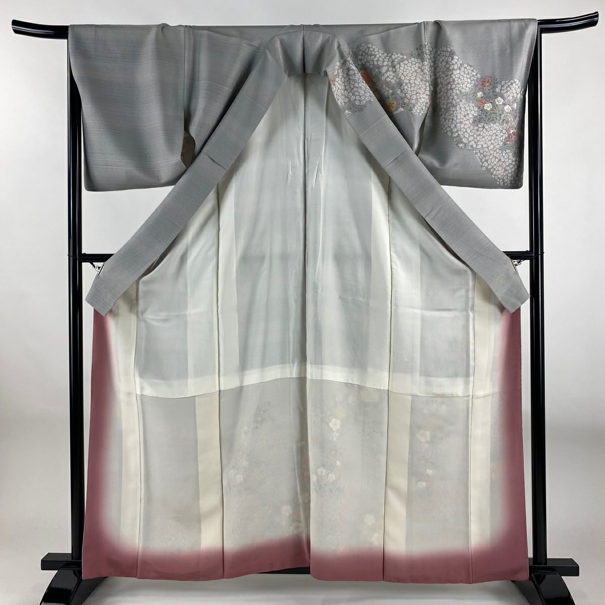 【美品】訪問服 身長160.5cm 袖長66cm M 雙層 草花紋紋 雲文 銀通し 灰色 純蠶絲 名品級
