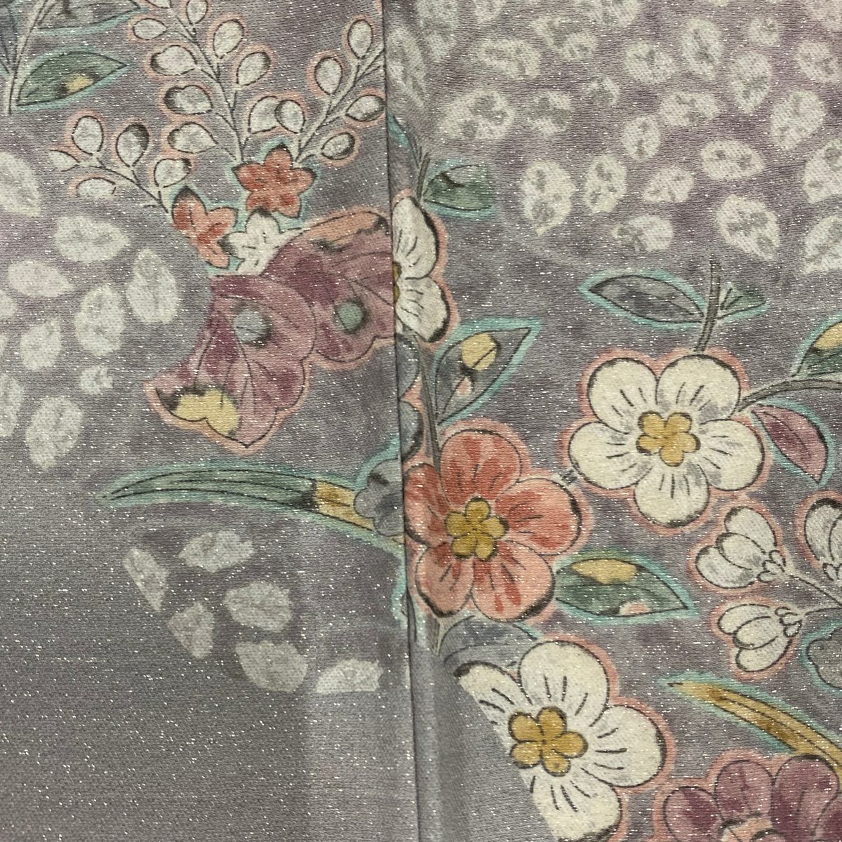 【美品】訪問服 身長160.5cm 袖長66cm M 雙層 草花紋紋 雲文 銀通し 灰色 純蠶絲 名品級