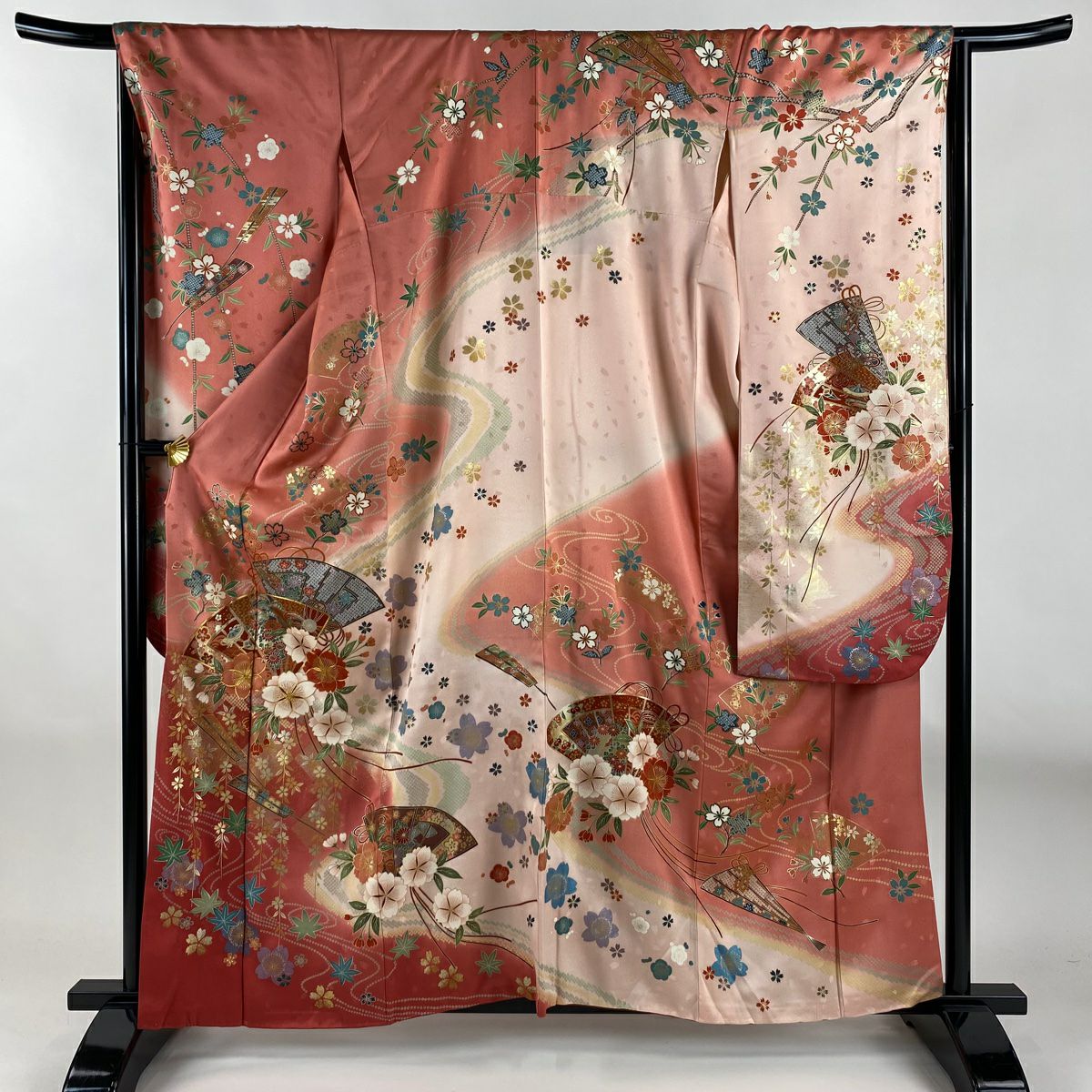 【美品】振袖禮服 身長160.5cm 袖長66.5cm M 雙層 檜扇子 櫻花 金絲 金銀彩 粉紅 純蠶絲 名品級