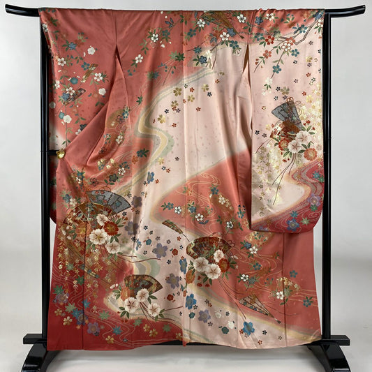 【美品】振袖禮服 身長160.5cm 袖長66.5cm M 雙層 檜扇子 櫻花 金絲 金銀彩 粉紅 純蠶絲 名品級