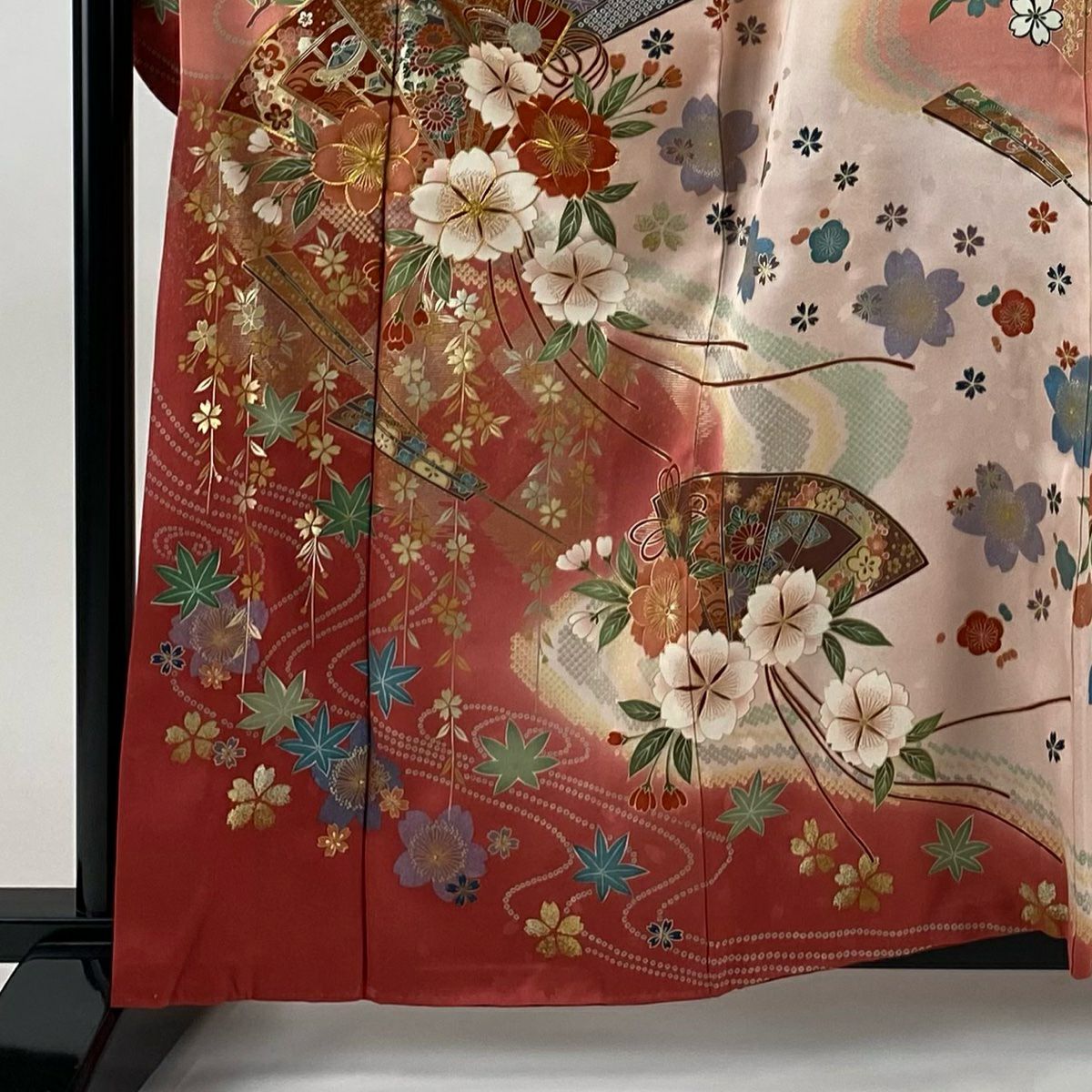 【美品】振袖禮服 身長160.5cm 袖長66.5cm M 雙層 檜扇子 櫻花 金絲 金銀彩 粉紅 純蠶絲 名品級
