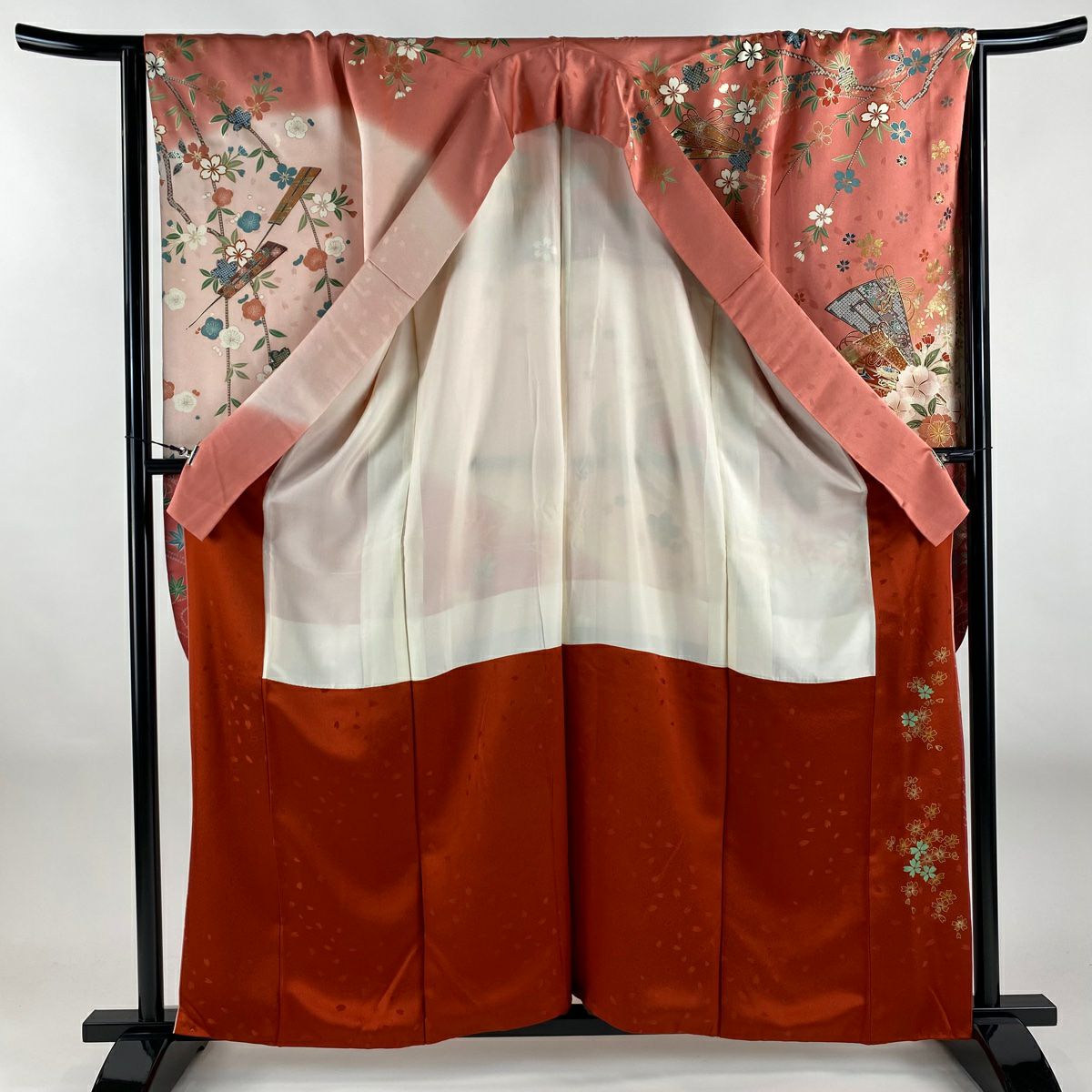 【美品】振袖禮服 身長160.5cm 袖長66.5cm M 雙層 檜扇子 櫻花 金絲 金銀彩 粉紅 純蠶絲 名品級