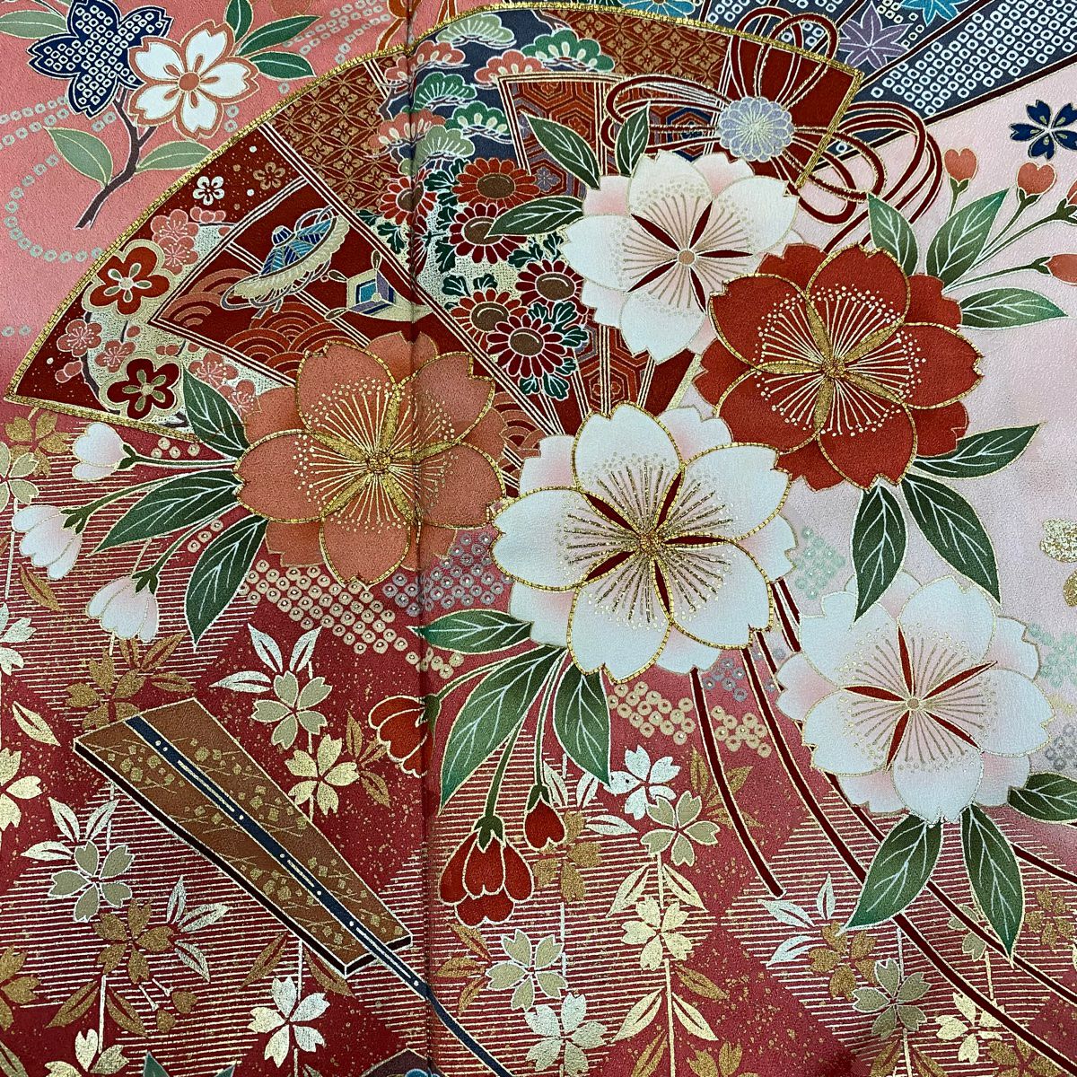 【美品】振袖禮服 身長160.5cm 袖長66.5cm M 雙層 檜扇子 櫻花 金絲 金銀彩 粉紅 純蠶絲 名品級