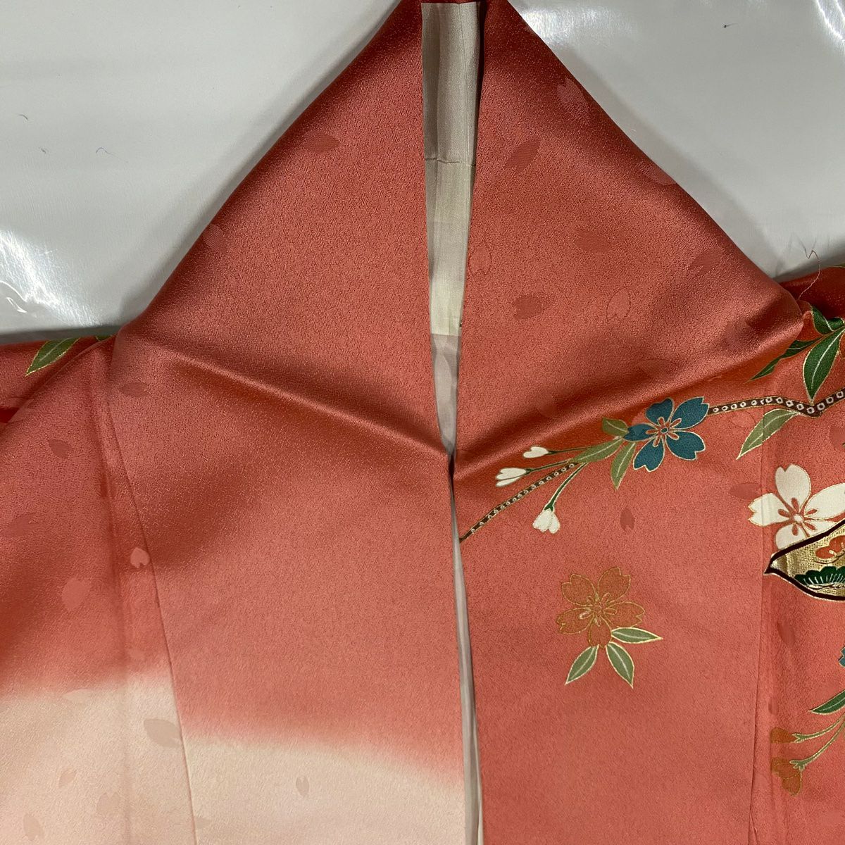 【美品】振袖禮服 身長160.5cm 袖長66.5cm M 雙層 檜扇子 櫻花 金絲 金銀彩 粉紅 純蠶絲 名品級