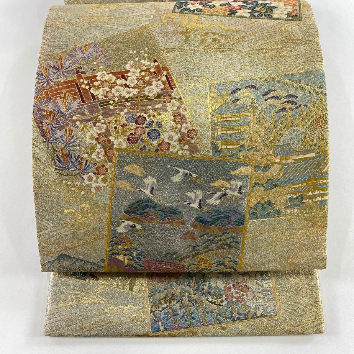 【美品】 袋帶 秀品級 松樹竹子梅花 色紙 金金箔 金色 全通 純蠶絲