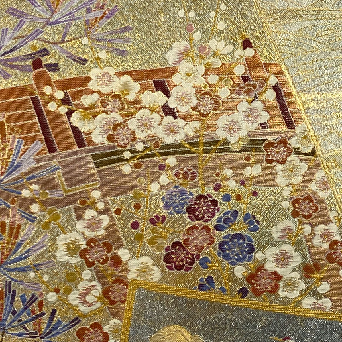 【美品】 袋帶 秀品級 松樹竹子梅花 色紙 金金箔 金色 全通 純蠶絲