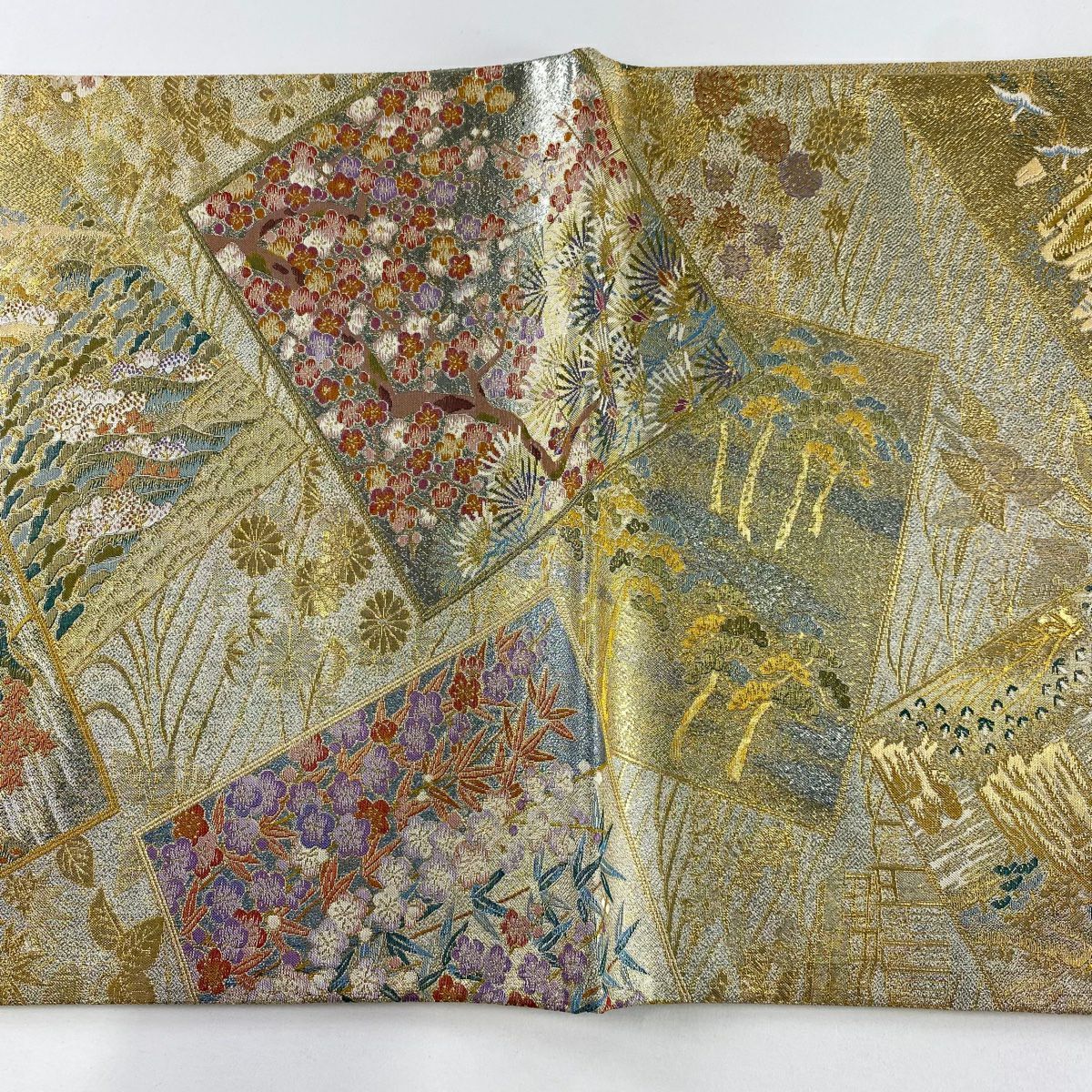 【美品】 袋帶 秀品級 松樹竹子梅花 色紙 金金箔 金色 全通 純蠶絲