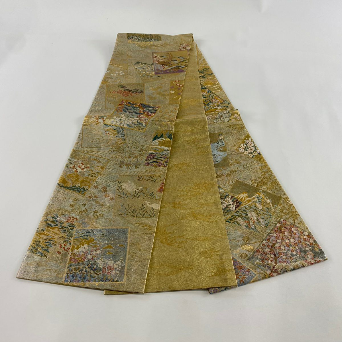 【美品】 袋帶 秀品級 松樹竹子梅花 色紙 金金箔 金色 全通 純蠶絲