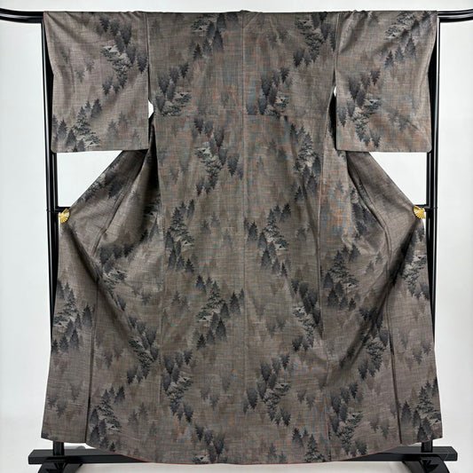 【美品】 紬織 身長160.5cm 袖長66cm M 雙層 大和 樹木 家屋 焦茶 純蠶絲 秀品級