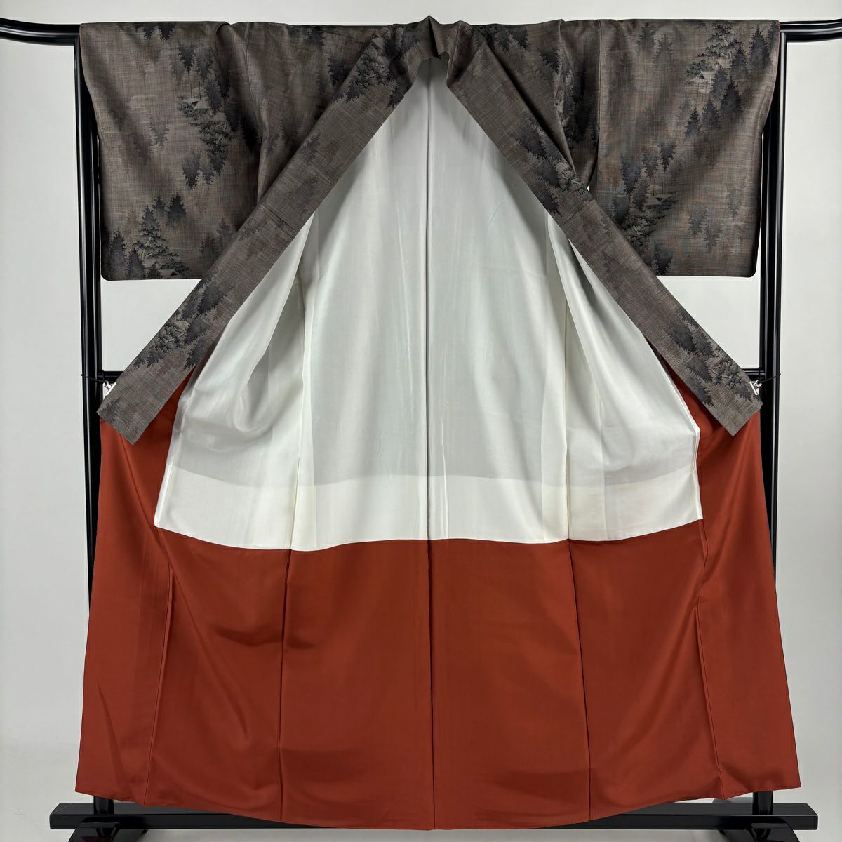 【美品】 紬織 身長160.5cm 袖長66cm M 雙層 大和 樹木 家屋 焦茶 純蠶絲 秀品級