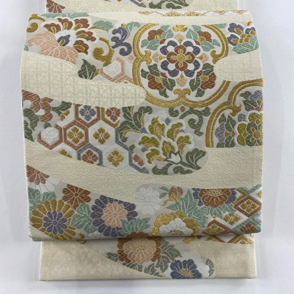 【美品】 袋帶 名品級 華紋 草花紋 金糸 刺繡 米色 全通 純蠶絲
