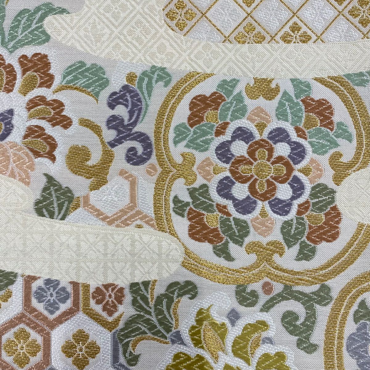【美品】 袋帶 名品級 華紋 草花紋 金糸 刺繡 米色 全通 純蠶絲