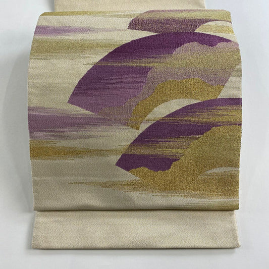 袋帶 名品級 帝王紫 附落款 扇子面 霞 金絲 金金箔 米色 大鼓圖案 純蠶絲