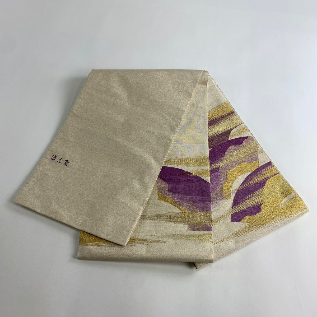 袋帶 名品級 帝王紫 附落款 扇子面 霞 金絲 金金箔 米色 大鼓圖案 純蠶絲