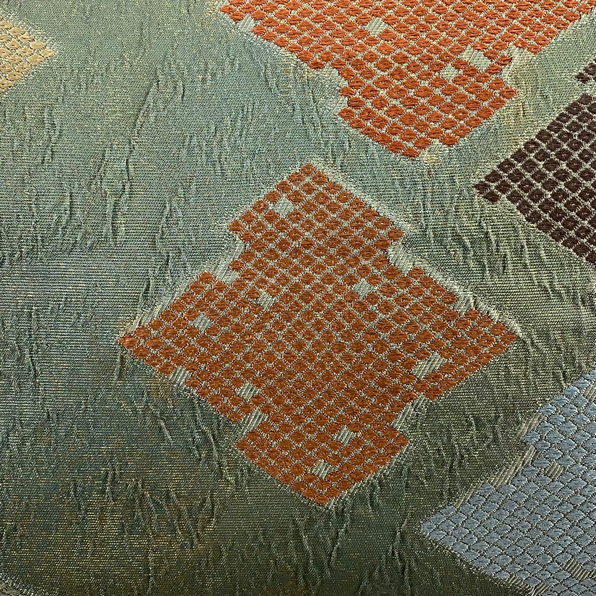 【美品】 袋帶 秀品級 松樹皮菱 疋田 金金箔 灰綠 六通 純蠶絲