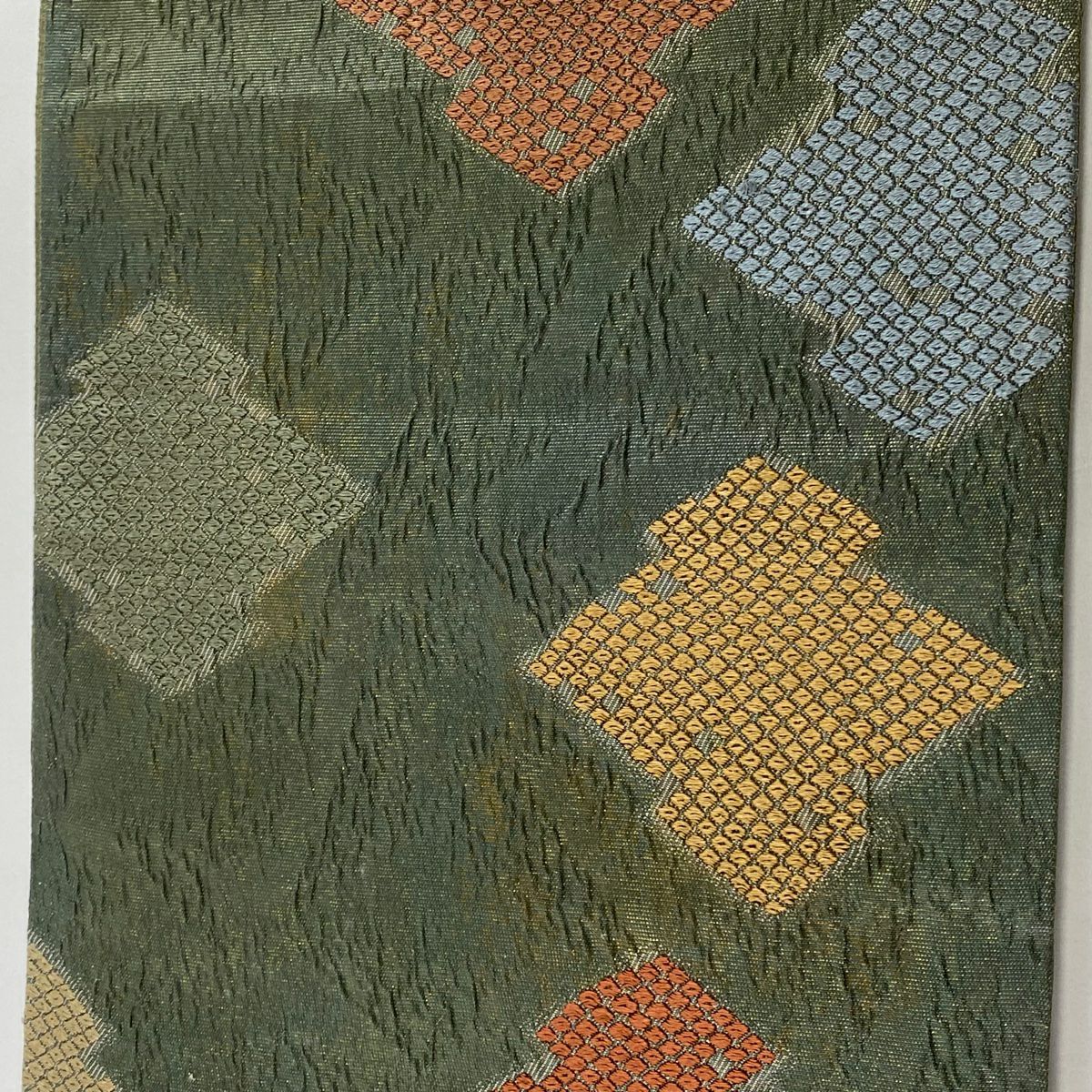 【美品】 袋帶 秀品級 松樹皮菱 疋田 金金箔 灰綠 六通 純蠶絲
