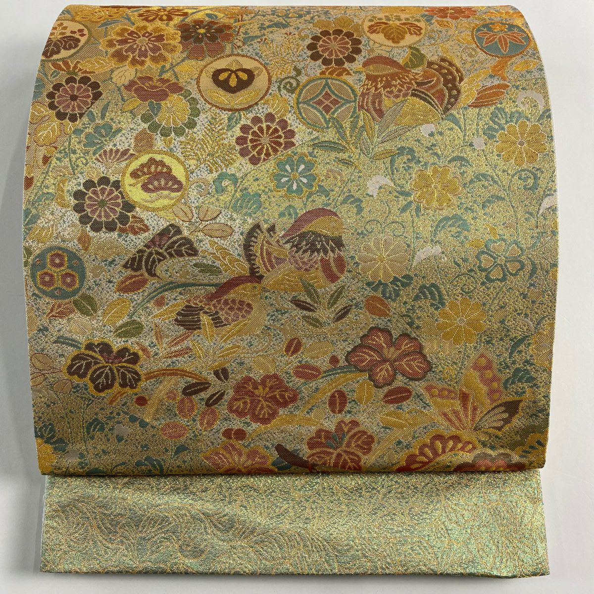 【美品】 袋帶 秀品級 古代雕金紋 鴛鴦 松樹 金絲 金金箔 淺綠 六通 純蠶絲