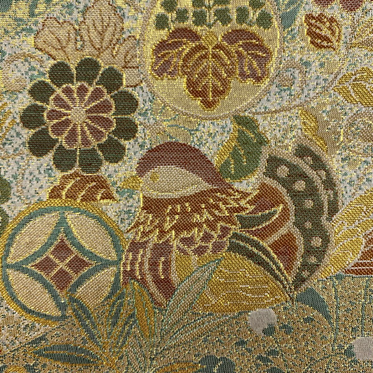 【美品】 袋帶 秀品級 古代雕金紋 鴛鴦 松樹 金絲 金金箔 淺綠 六通 純蠶絲