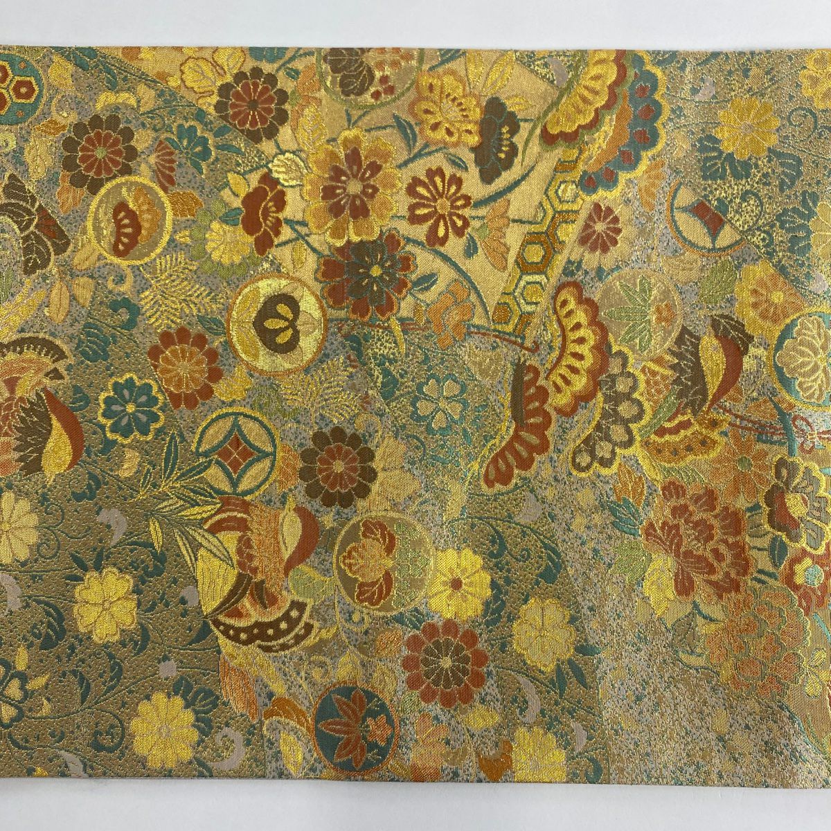 【美品】 袋帶 秀品級 古代雕金紋 鴛鴦 松樹 金絲 金金箔 淺綠 六通 純蠶絲