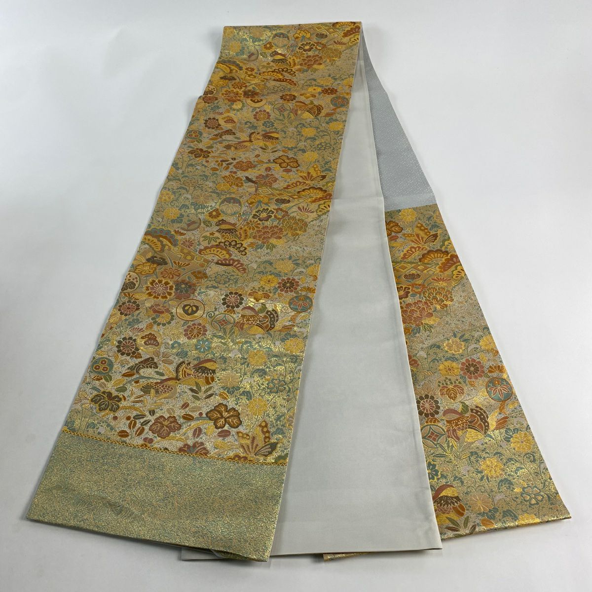 【美品】 袋帶 秀品級 古代雕金紋 鴛鴦 松樹 金絲 金金箔 淺綠 六通 純蠶絲