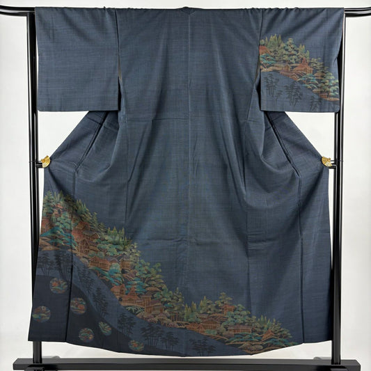 付下 身長154.5cm 袖長66.5cm M 雙層 紬織織 家屋 松樹 深藍 純蠶絲 秀品級