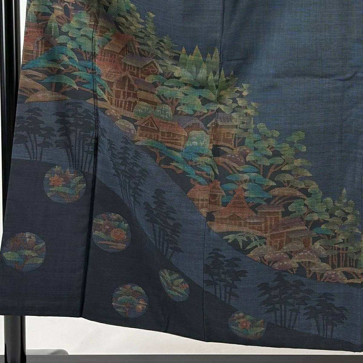 付下 身長154.5cm 袖長66.5cm M 雙層 紬織織 家屋 松樹 深藍 純蠶絲 秀品級