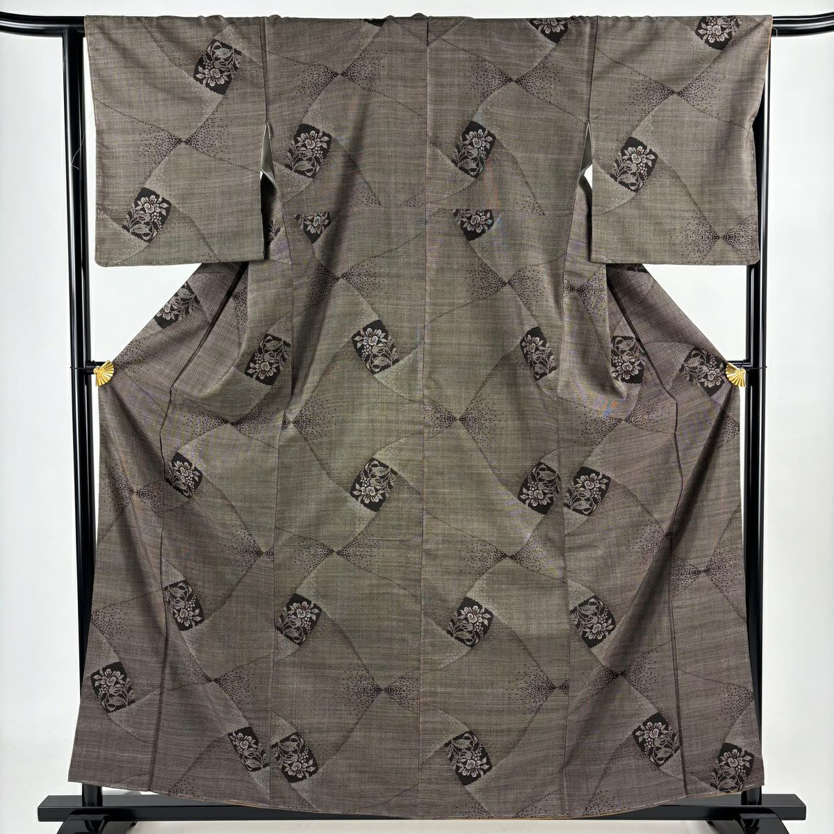 【美品】 紬織 身長160cm 袖長65.5cm M 雙層 草花紋紋 幾何學 焦茶 純蠶絲 秀品級