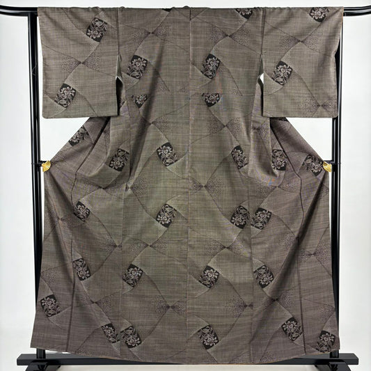 【美品】 紬織 身長160cm 袖長65.5cm M 雙層 草花紋紋 幾何學 焦茶 純蠶絲 秀品級