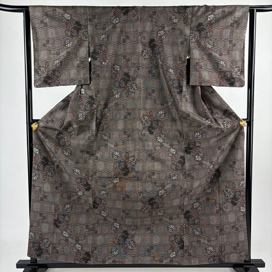 【美品】 紬織 身長161.5cm 袖長62.5cm S 雙層 葡萄 龜甲 焦茶 純蠶絲 秀品級